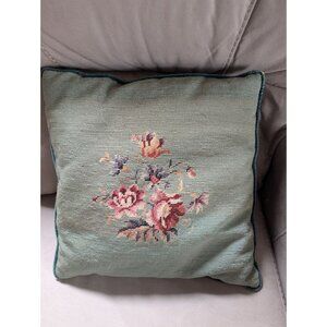 Vintage Needlepoint Floral Throw Pillow 16x16 Inches Green Velvet Back Zipper Cl
